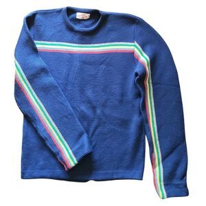 Vintage 70s Scotch Craft Sweater Men's Small Blue Rainbow Stripe Wool Unisex